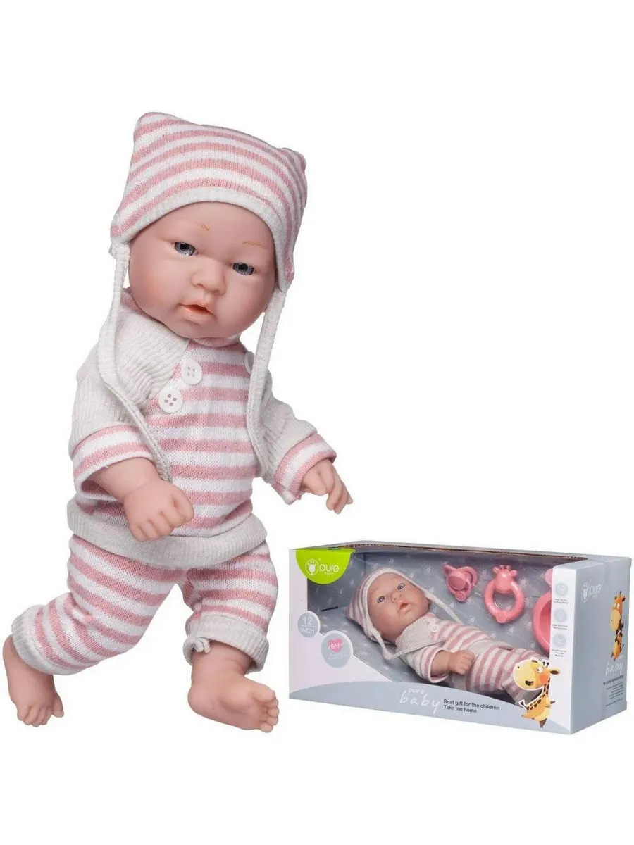Пупс "Pure Baby", 30см, в вязаных бело-розовых полосатых кофточке, штанишках и шапочке, в горизонтальной коробке, с аксессуарами
