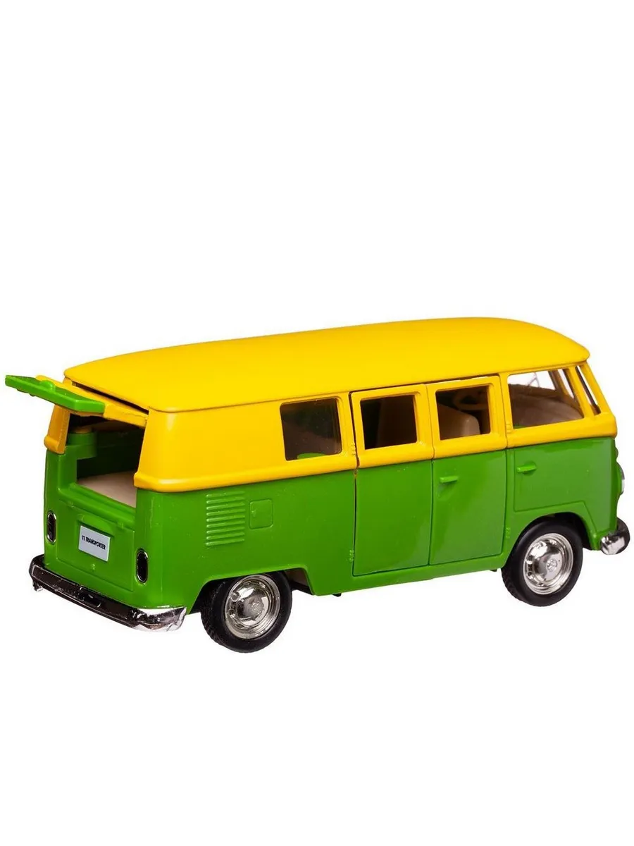 Машина металлическая RMZ City серия 1:32 Автобус инерционный Volkswagen Samba bus Transporter, цвет желтый с зеленым