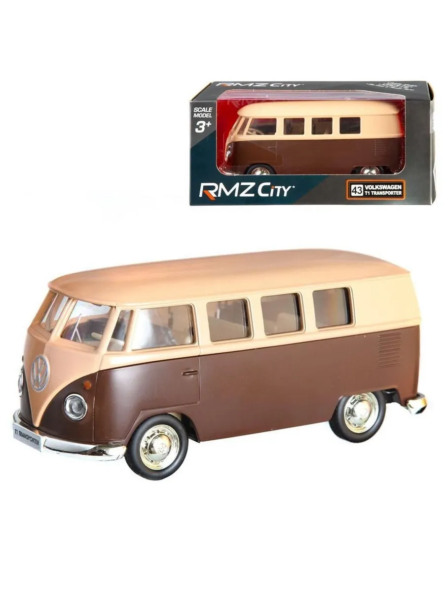 Машина металлическая RMZ City серия 1:32 Автобус инерционный Volkswagen Samba bus Transporter, цвет матовый бежевый с коричневым