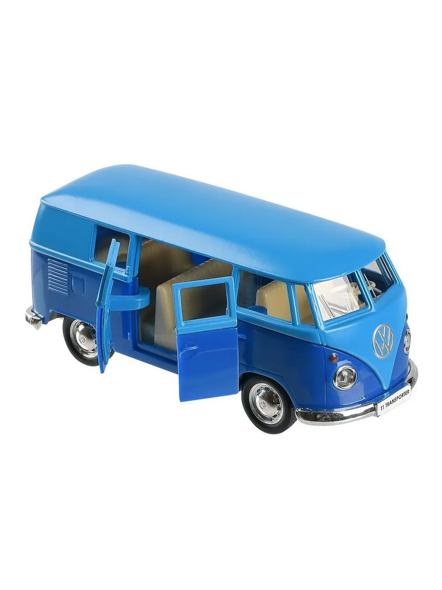 Машина металлическая RMZ City серия 1:32 Автобус инерционный Volkswagen Samba bus Transporter, цвет матовый голубой с синим