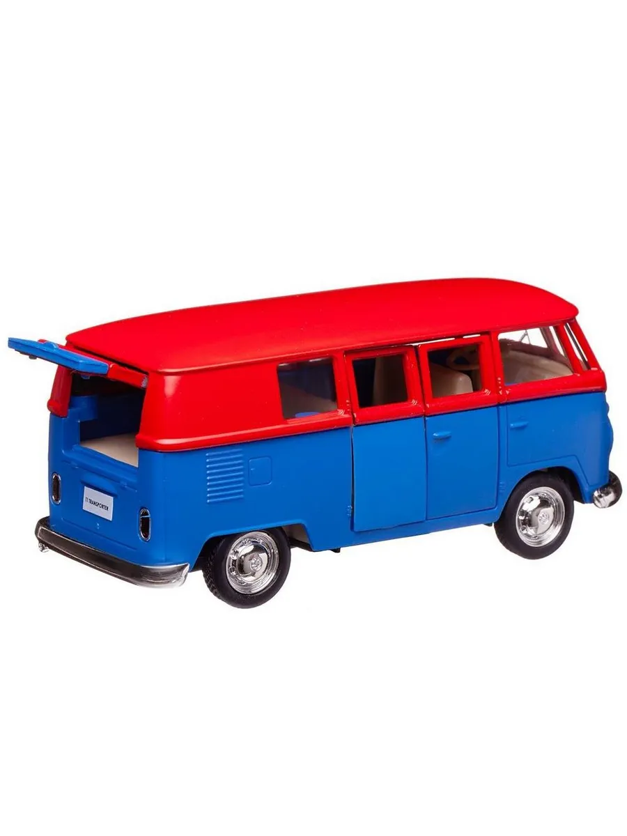 Машина металлическая RMZ City серия 1:32 Автобус инерционный Volkswagen Samba bus Transporter, цвет матовый красный с синим