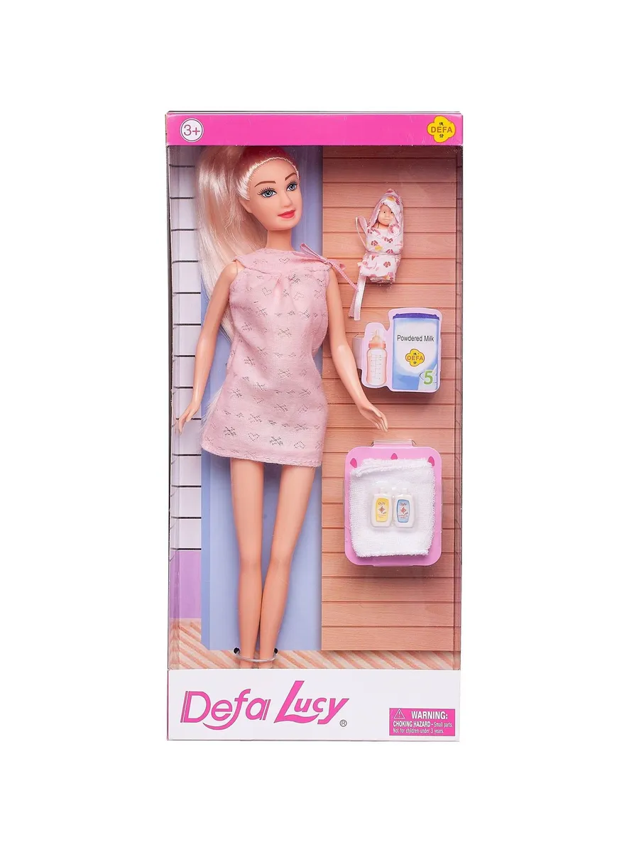 Кукла Defa Lucy "Молодая мама" (в розовом платье без рукавов) с малышом и игровыми предметами, высота куклы 29 см