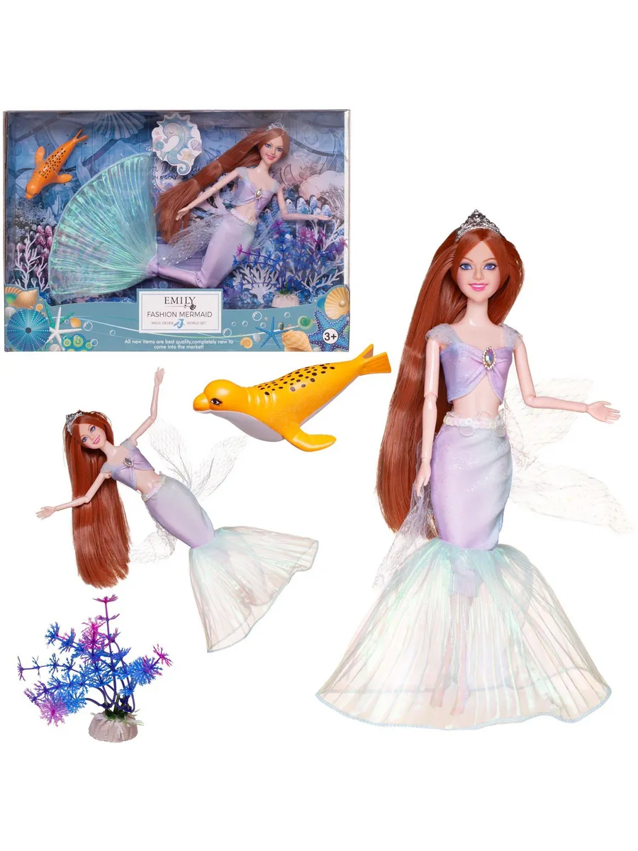 Кукла "Emily. Русалочка" (голубой верх, голубо-розово-изумрудный хвост), с игровыми предметами, 30см