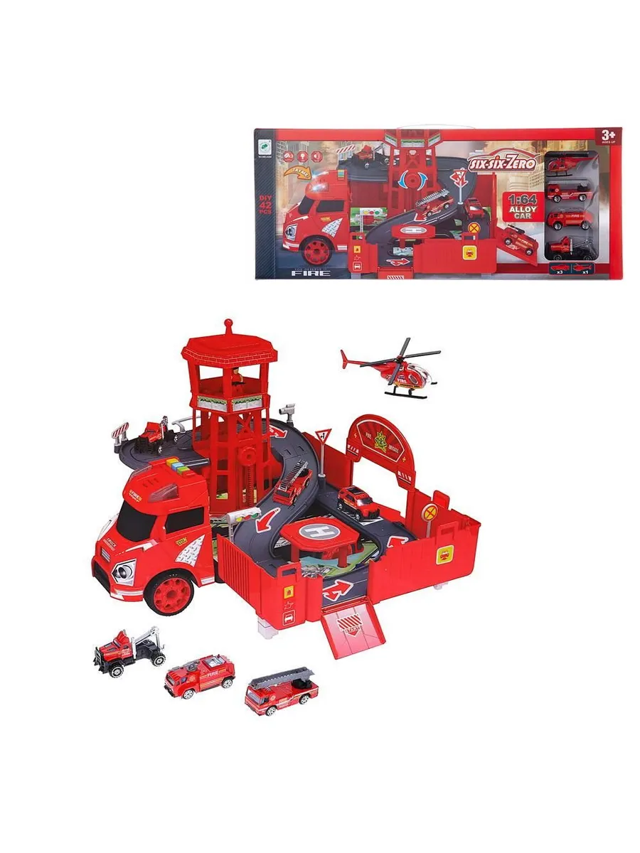 Машинка-трансформер "Пожарная машина", 2в1, 1:64, не менее 42 деталей, с набором машинок, аксессуарами, в коробке