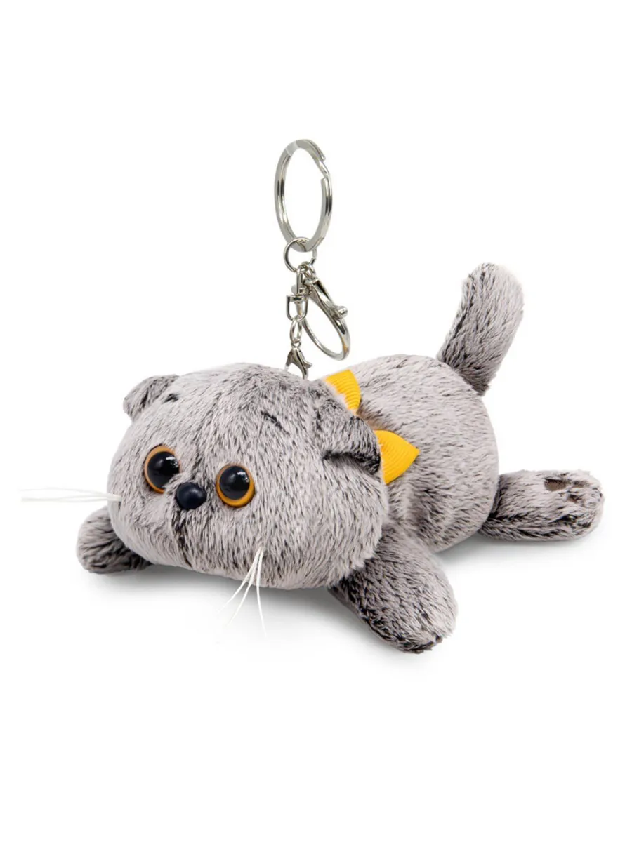Кот Басик с бантиком лежачий, игрушка с кольцом, 11 см